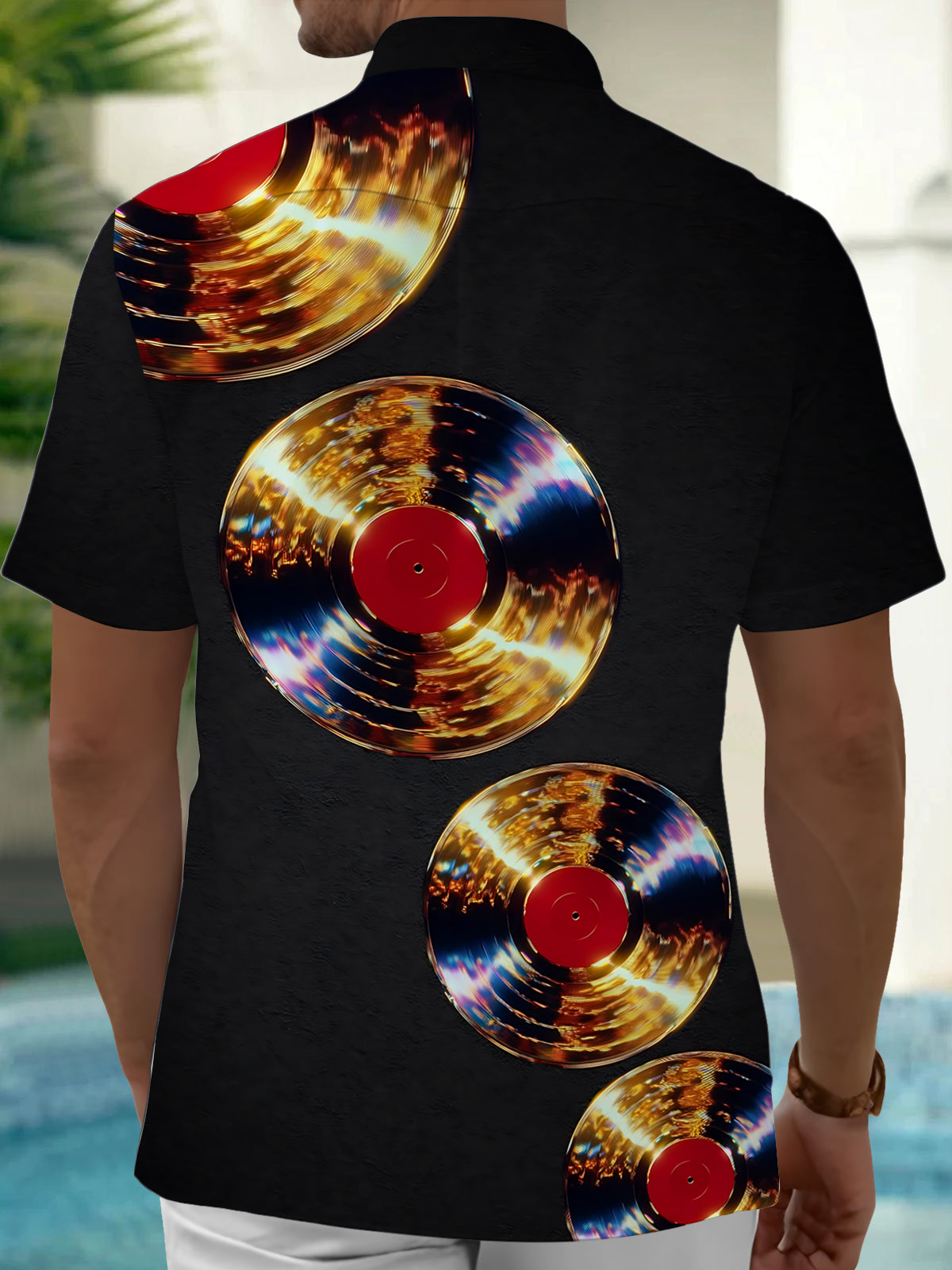 Adaychic Men's Vintage Style Vinyl Records Print Short Sleeve Shirt with Chest Pocket