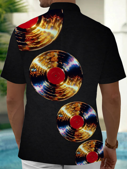 Adaychic Men's Vintage Style Vinyl Records Print Short Sleeve Shirt with Chest Pocket