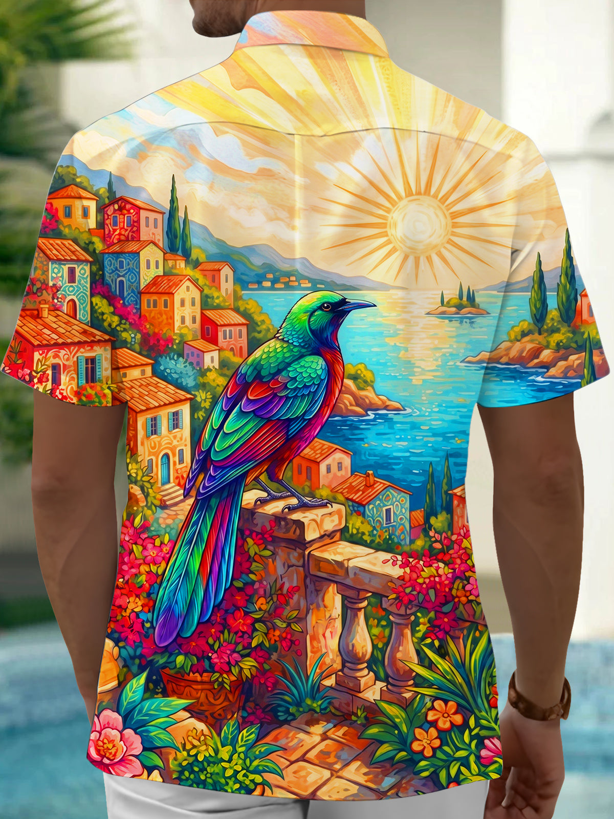 Adaychic Men's Hawaiian Colorful Bird Print Short Sleeve Shirt with Chest Pocket