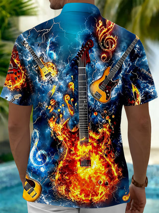 Adaychic Men's Hawaiian Electric Guitar Fire Print Short Sleeve Shirt with Chest Pocket