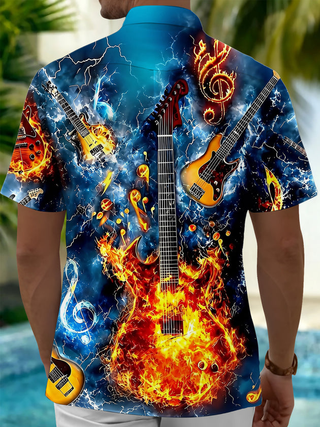 Adaychic Men's Hawaiian Electric Guitar Fire Print Short Sleeve Shirt with Chest Pocket