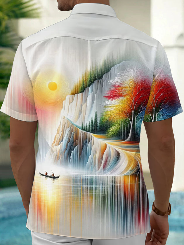 Adaychic Men's Printed Abstract Landscape Print Short Sleeve Shirt with Chest Pocket