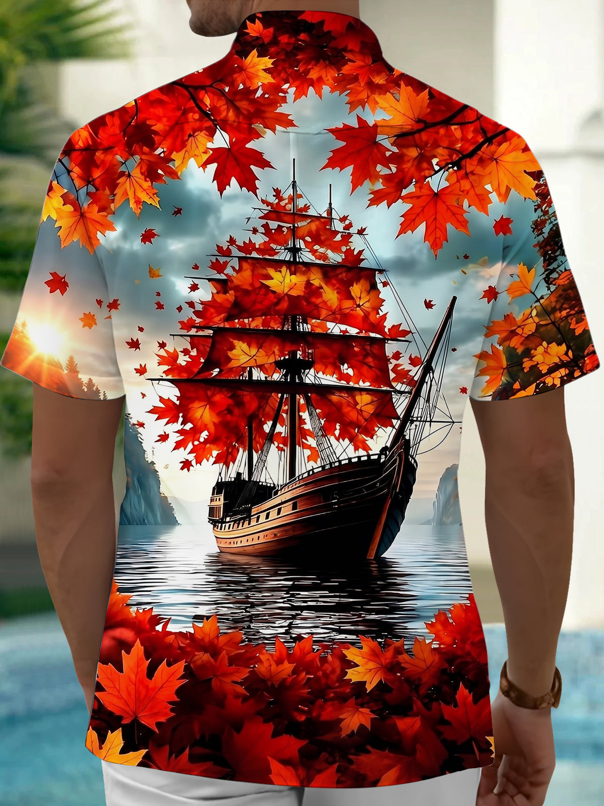 Adaychic Men's Hawaiian Autumn Maple Leaves Print Short Sleeve Shirt with Chest Pocket