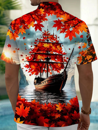 Adaychic Men's Hawaiian Autumn Maple Leaves Print Short Sleeve Shirt with Chest Pocket