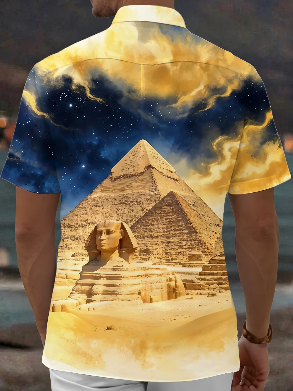 Adaychic Men's Hawaiian Egyptian Sphinx And Pyramid Print Short Sleeve Shirt with Chest Pocket
