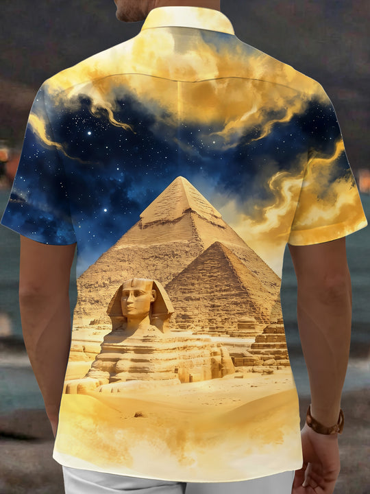 Adaychic Men's Hawaiian Egyptian Sphinx And Pyramid Print Short Sleeve Shirt with Chest Pocket