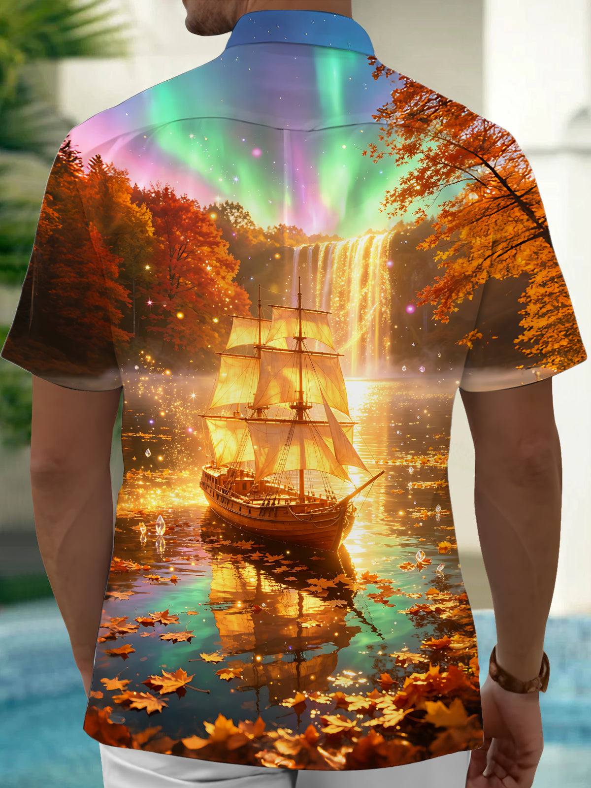 Adaychic Men's Printed Autumn Scenery Print Short Sleeve Shirt with Chest Pocket
