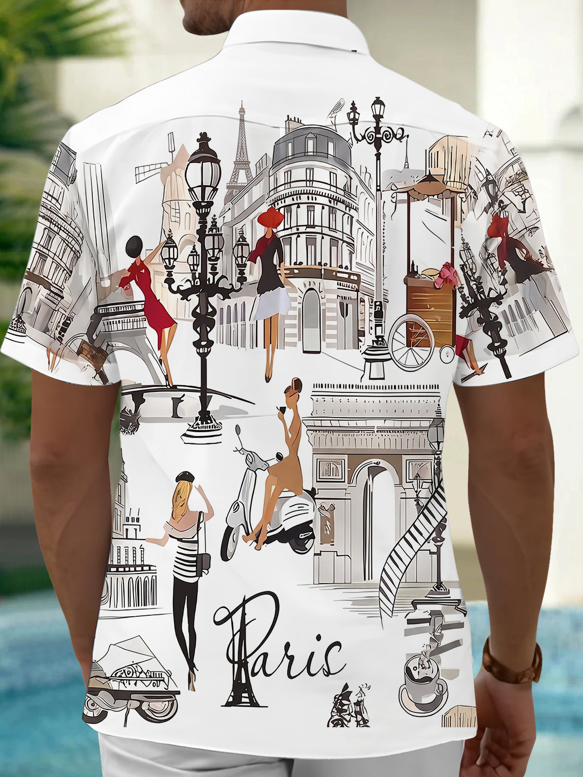 Adaychic Men's Graphic Paris Cityscape Sketch Print Short Sleeve Button Down Shirt with Chest Pocket