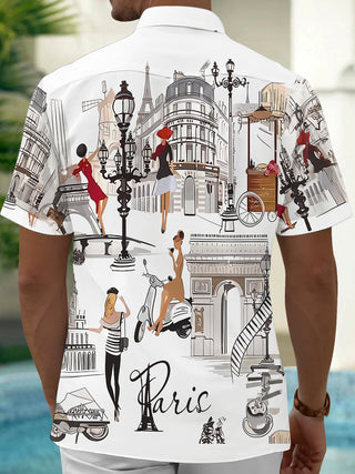 Adaychic Men's Graphic Paris Cityscape Sketch Print Short Sleeve Button Down Shirt with Chest Pocket