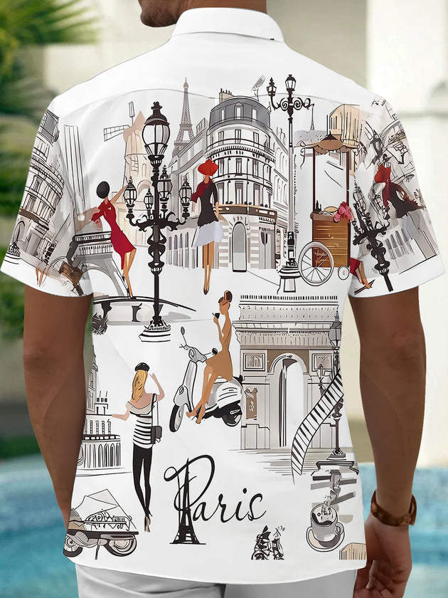 Adaychic Men's Graphic Paris Cityscape Sketch Print Short Sleeve Button Down Shirt with Chest Pocket