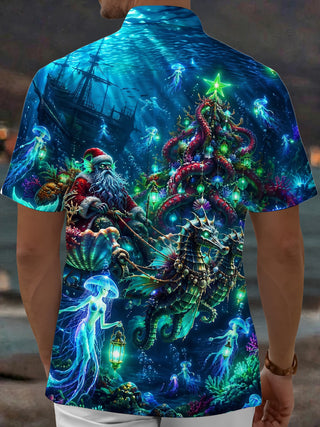 Adaychic Men's Christmas Tree Print Marine Life Print Short Sleeve Shirt