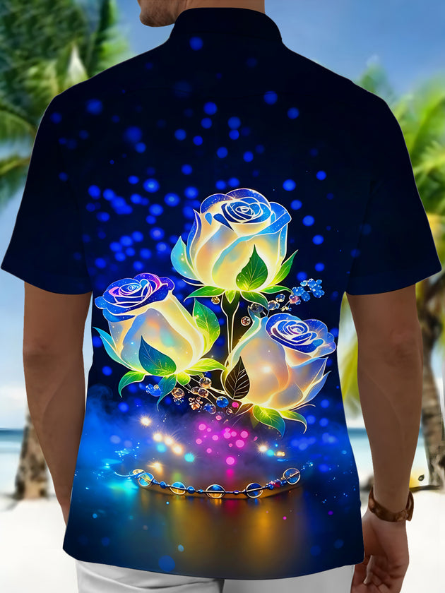 Adaychic Men's Printed Neon Luminous Roses Print Short Sleeve Shirt with Chest Pocket