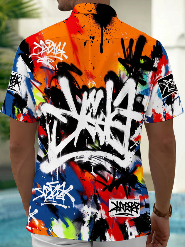 Adaychic Men's Graffiti Text And Spray Paint Splatters Print Short Sleeve Shirt with Chest Pocket