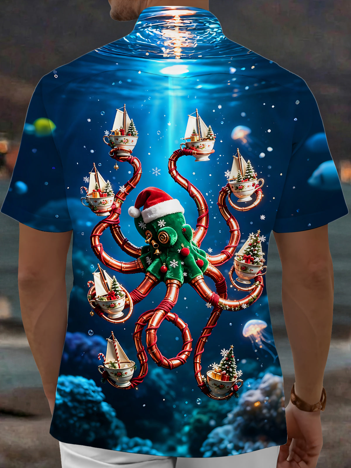 Adaychic Men's Graphic Christmas Octopus Print Short Sleeve Shirt with Chest Pocket
