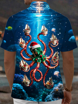 Adaychic Men's Graphic Christmas Octopus Print Short Sleeve Shirt with Chest Pocket