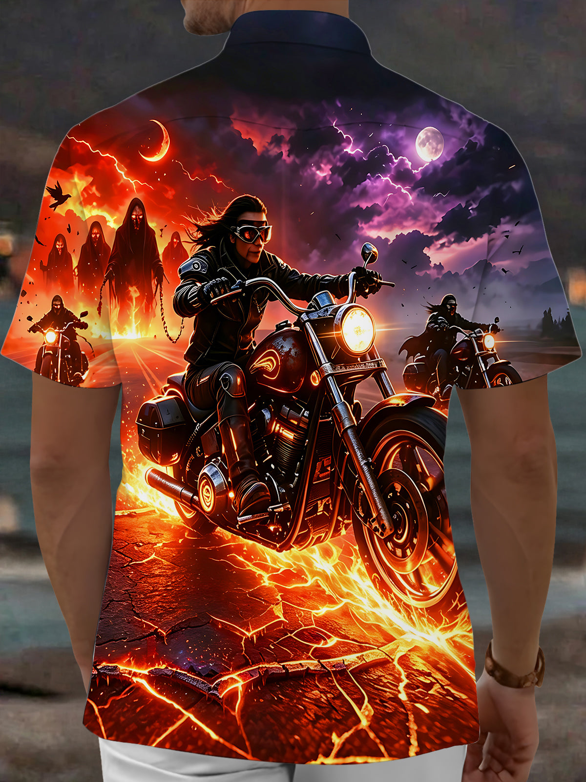 Adaychic Men's Graphic Motorcycle Rider Print Short Sleeve Shirt with Chest Pocket