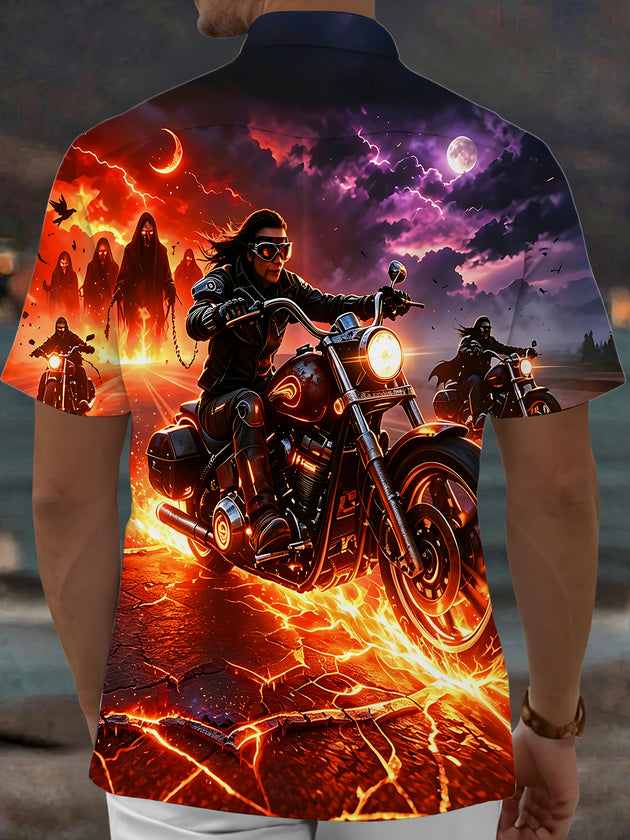 Adaychic Men's Graphic Motorcycle Rider Print Short Sleeve Shirt with Chest Pocket