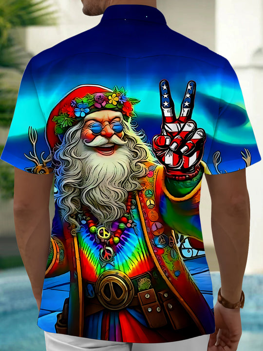 Hippie Santa Claus American Flag Men's Pocket Short Sleeve Shirts