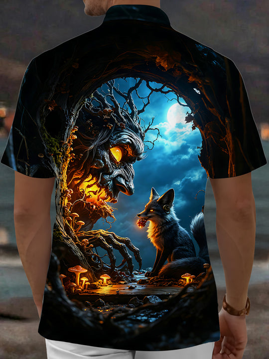 Adaychic Men's Graphic Ancient Tree Spirit And Fox Print Short Sleeve Shirt with Chest Pocket