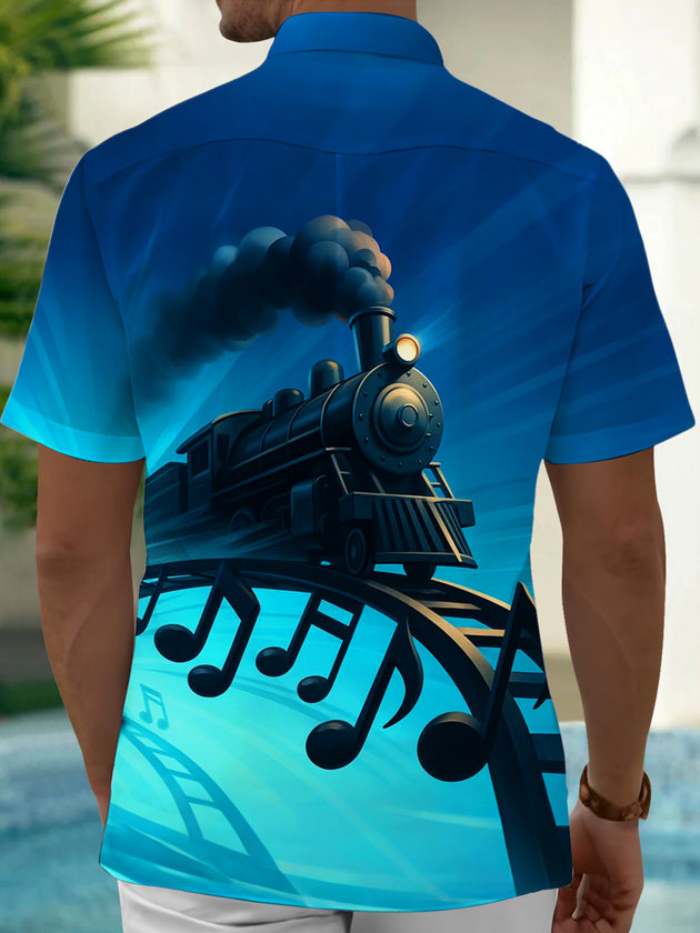Adaychic Men's Hawaiian Steam Train Print Short Sleeve Shirt with Chest Pocket