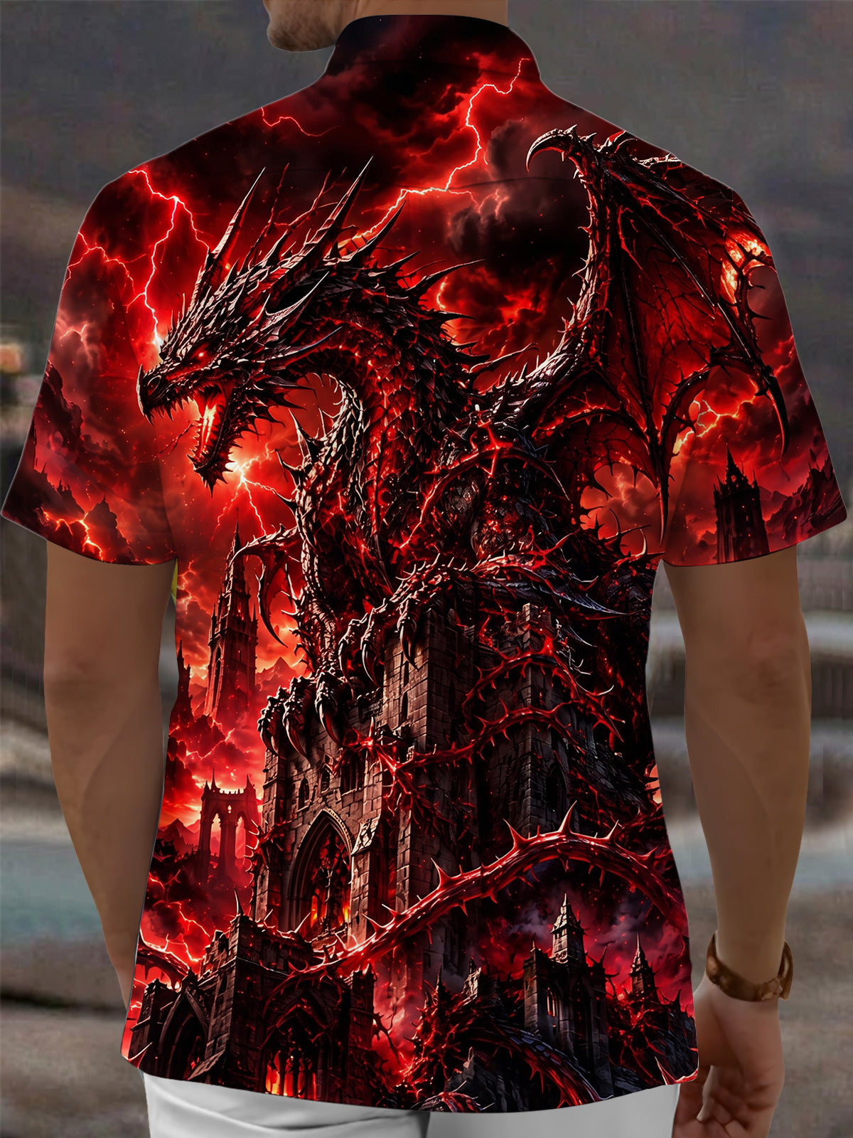 Adaychic Men's Graphic Dragon And Castle Print Short Sleeve Shirt with Chest Pocket