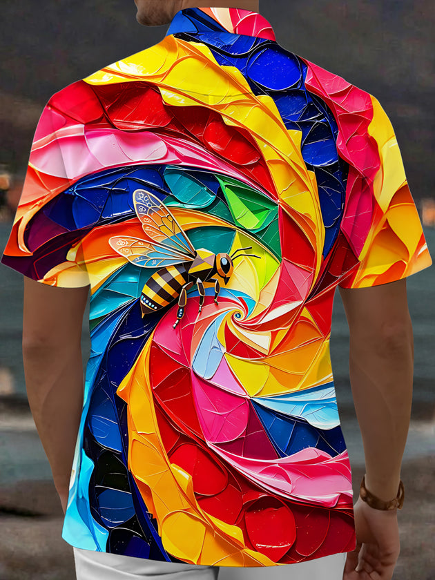 Adaychic Men's Hawaiian Colorful Swirl Bee Print Short Sleeve Shirt with Chest Pocket