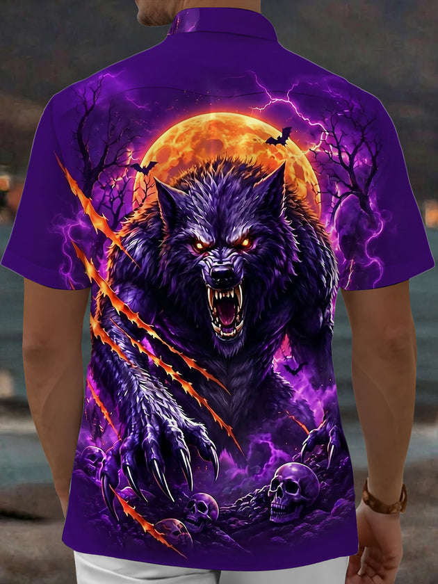 Adaychic Men's Graphic Werewolf Print Short Sleeve Shirt with Chest Pocket