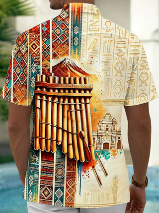 Adaychic Men's Printed Pan Flute Print Short Sleeve Shirt with Chest Pocket