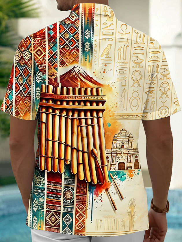 Adaychic Men's Printed Pan Flute Print Short Sleeve Shirt with Chest Pocket