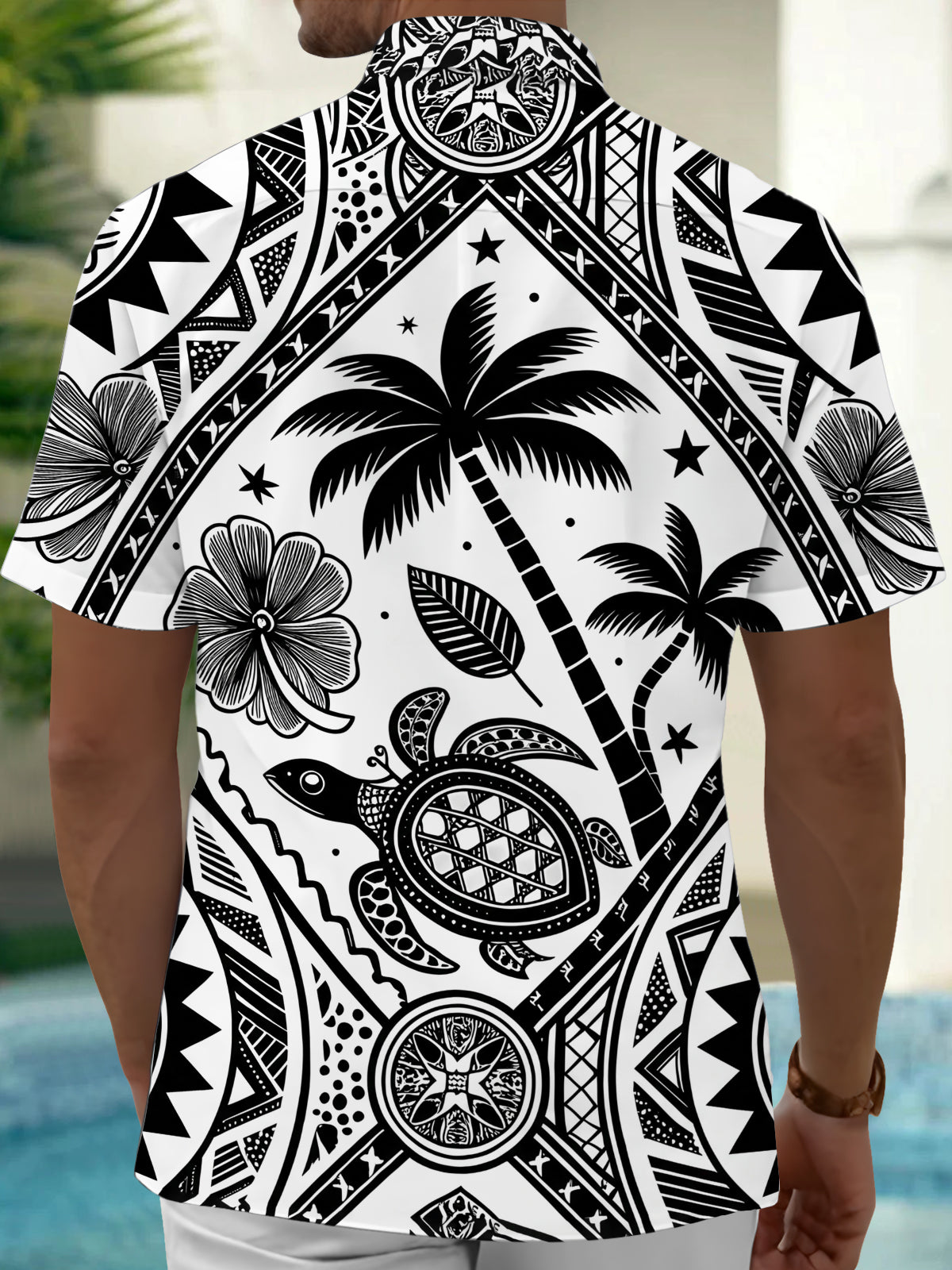 Adaychic Men's Hawaiian Sea Turtle Print Palm Tree Print Short Sleeve Shirt with Chest Pocket