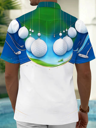 Adaychic Men's Printed Christmas Golf Ball Ornaments Print Short Sleeve Shirt with Chest Pocket