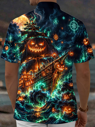 Adaychic Men's Graphic Halloween Pumpkin Ghost Ship Print Short Sleeve Shirt with Chest Pocket