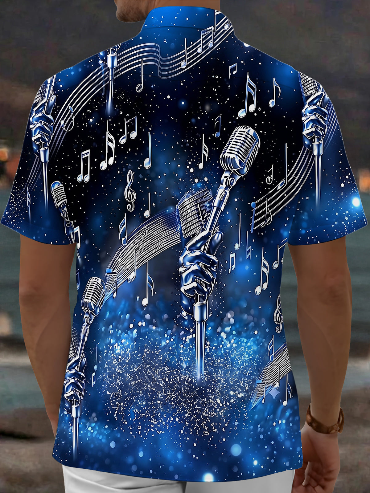 Adaychic Men's Graphic Microphone Print Short Sleeve Shirt with Chest Pocket