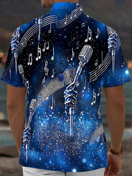 Adaychic Men's Graphic Microphone Print Short Sleeve Shirt with Chest Pocket