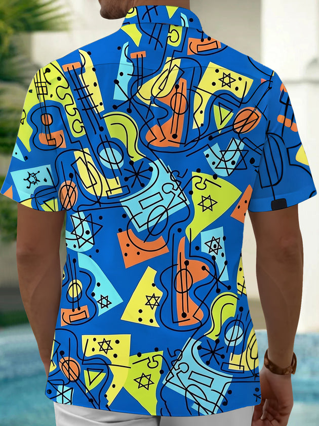 Adaychic Men's Graphic Abstract Geometric Guitar Print Short Sleeve Shirt with Chest Pocket
