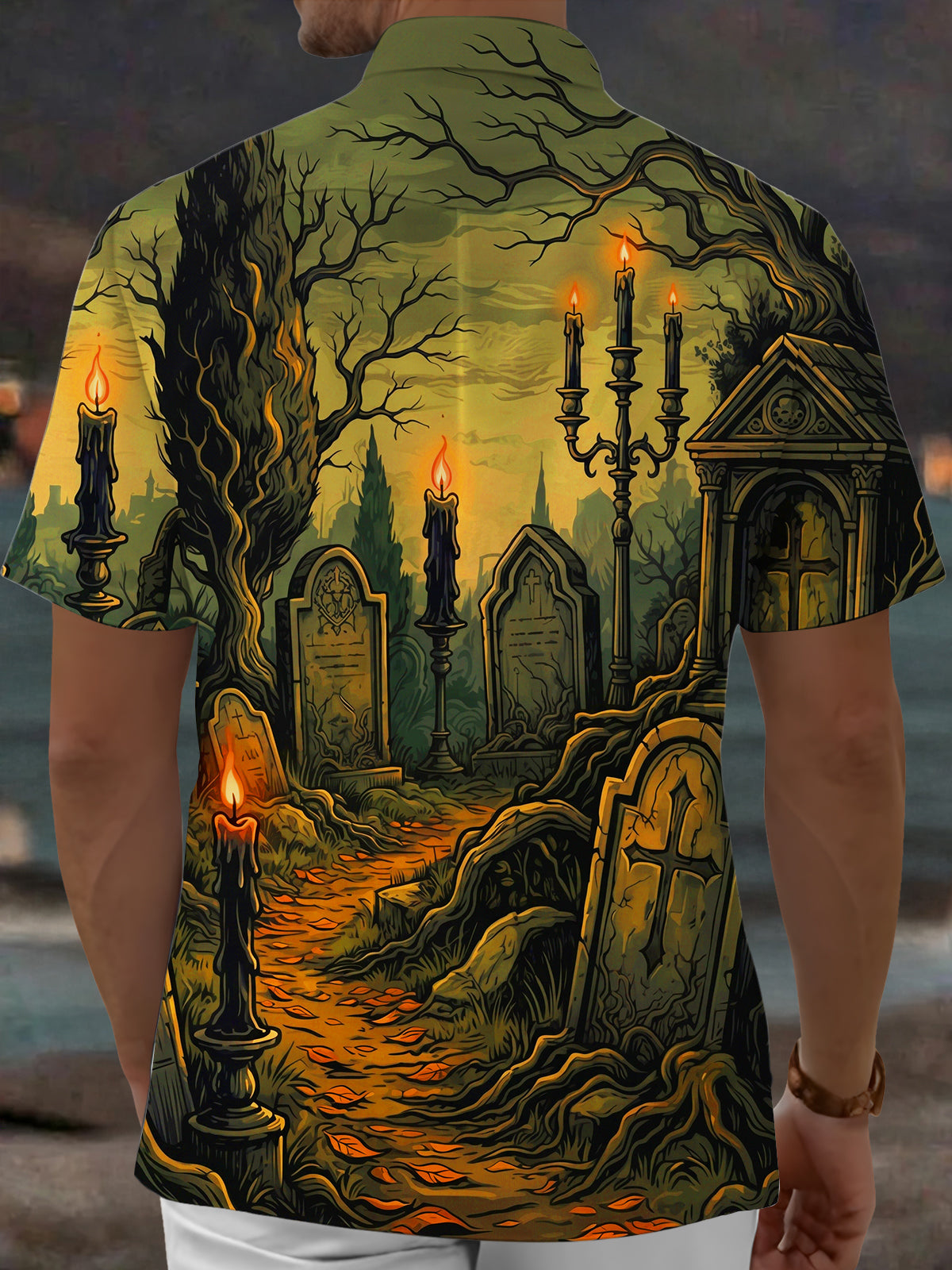 Adaychic Men's Short Sleeve Shirt - Halloween Gothic Graveyard With Candles And Tombstones Print with Chest Pocket
