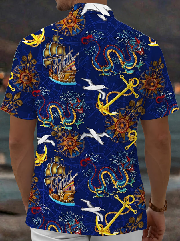 Adaychic Men's Hawaiian Nautical Dragon Print Short Sleeve Shirt with Chest Pocket