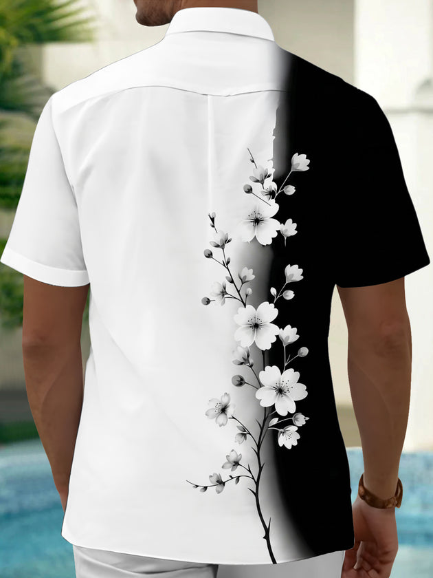 Adaychic Men's Floral Black And White Floral Branch Print Short Sleeve Shirt with Chest Pocket