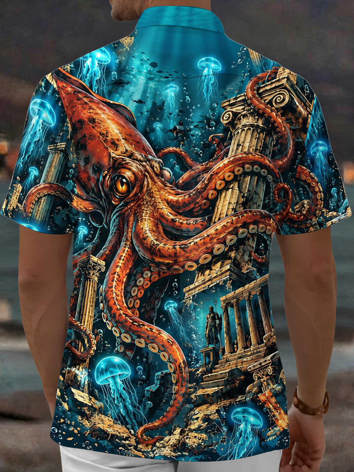 Adaychic Men's Hawaiian Octopus And Ancient Ruins Print Short Sleeve Shirt with Chest Pocket