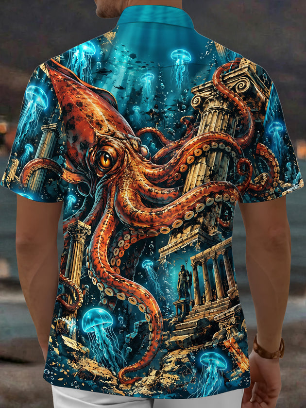 Adaychic Men's Hawaiian Octopus And Ancient Ruins Print Short Sleeve Shirt with Chest Pocket