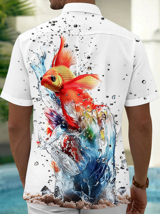 Adaychic Men's Hawaiian Goldfish Splash Print Short Sleeve Shirt with Chest Pocket