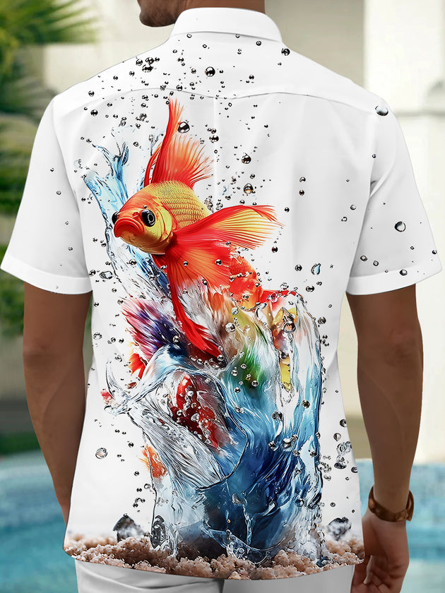 Adaychic Men's Hawaiian Goldfish Splash Print Short Sleeve Shirt with Chest Pocket