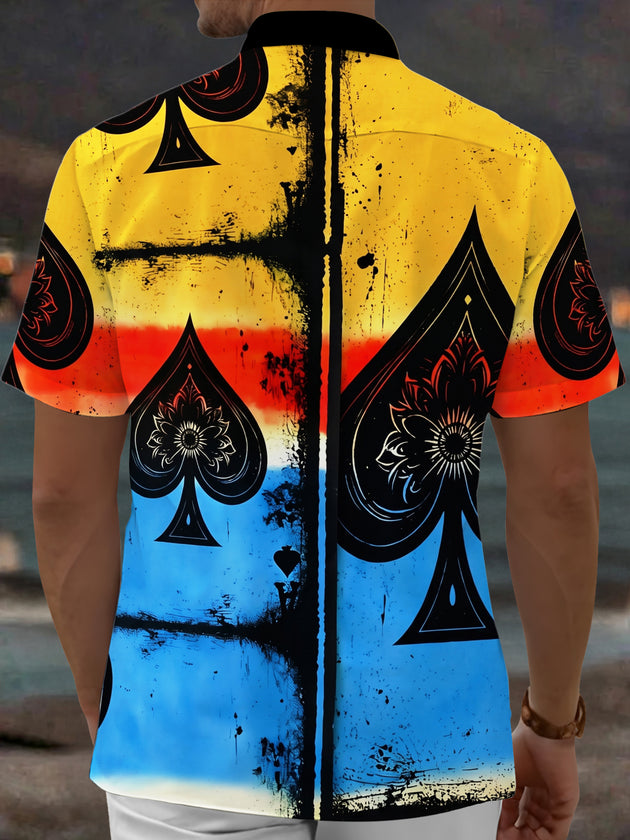 Adaychic Men's Hawaiian Spade Card Suit Print Short Sleeve Shirt with Chest Pocket