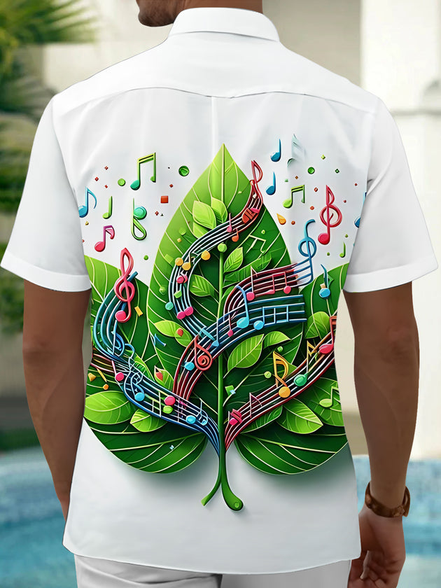 Adaychic Men's Graphic Musical Notes On Leaves Print Short Sleeve Shirt with Chest Pocket