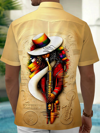 Adaychic Jazz Saxophone Player Men's Short Sleeve Shirt with Chest Pocket