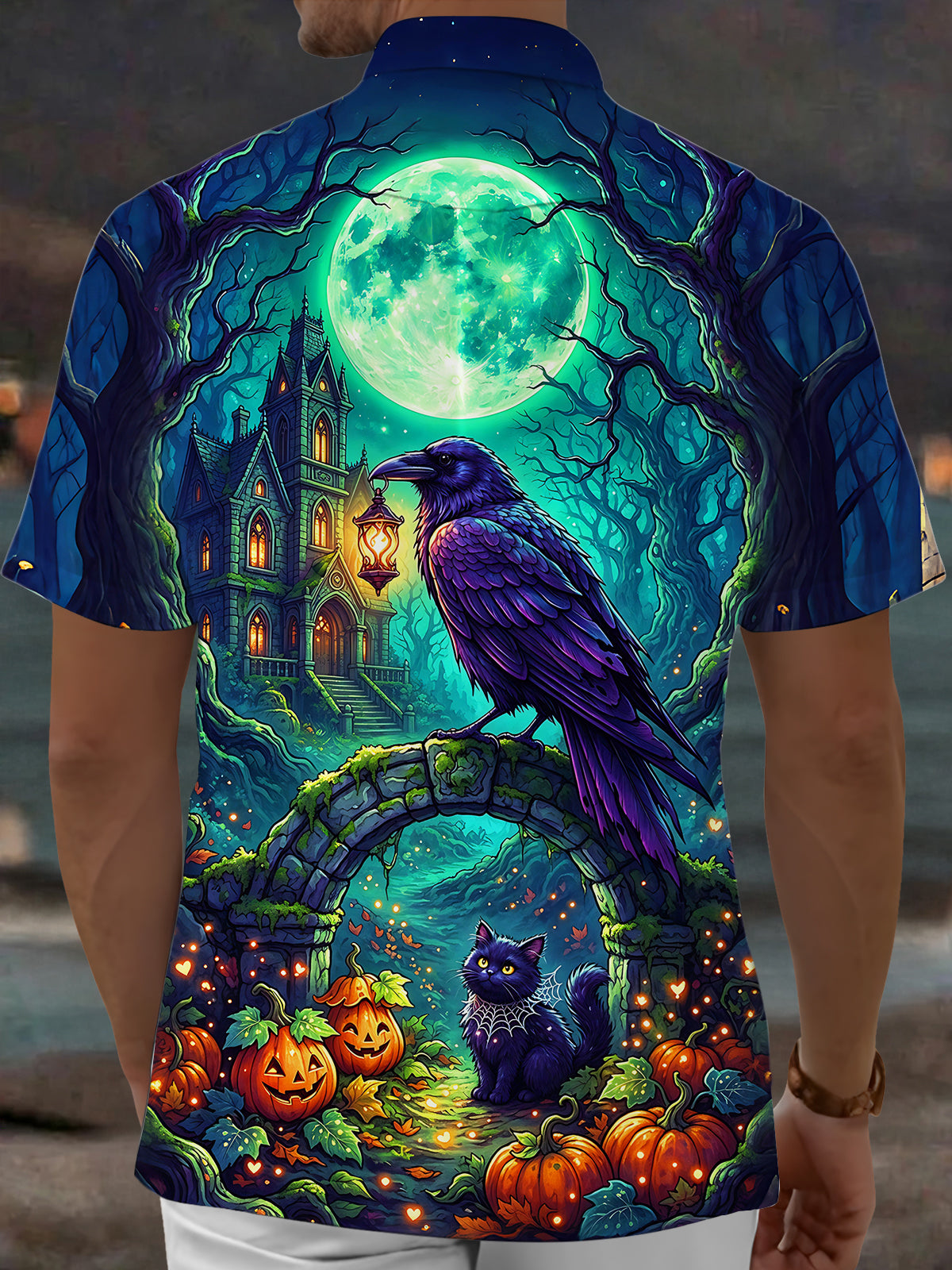 Adaychic Men's Halloween Black Cats And Pumpkins Print Short Sleeve Shirt with Chest Pocket