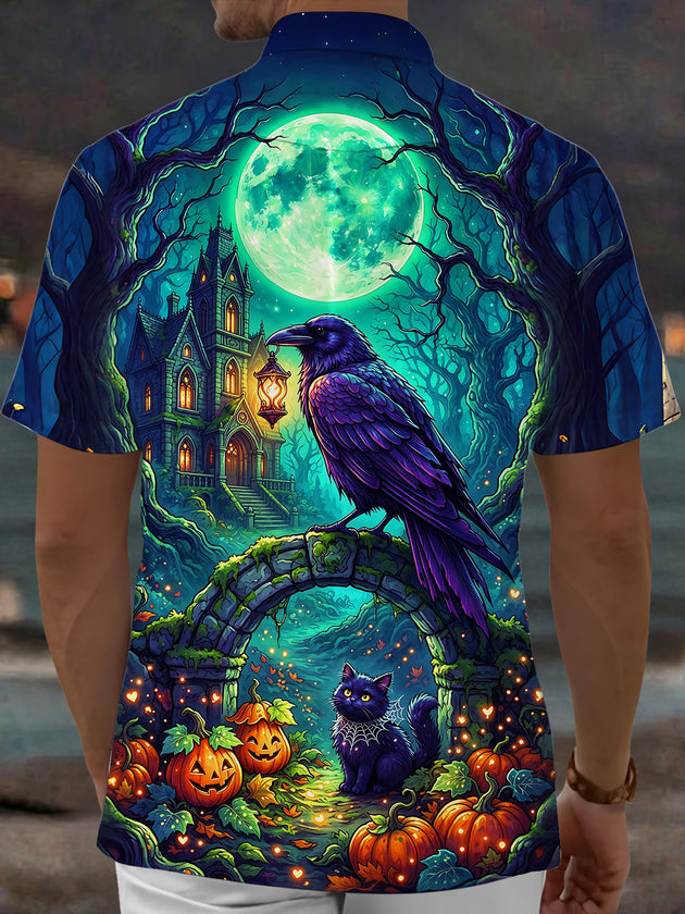 Adaychic Men's Halloween Black Cats And Pumpkins Print Short Sleeve Shirt with Chest Pocket