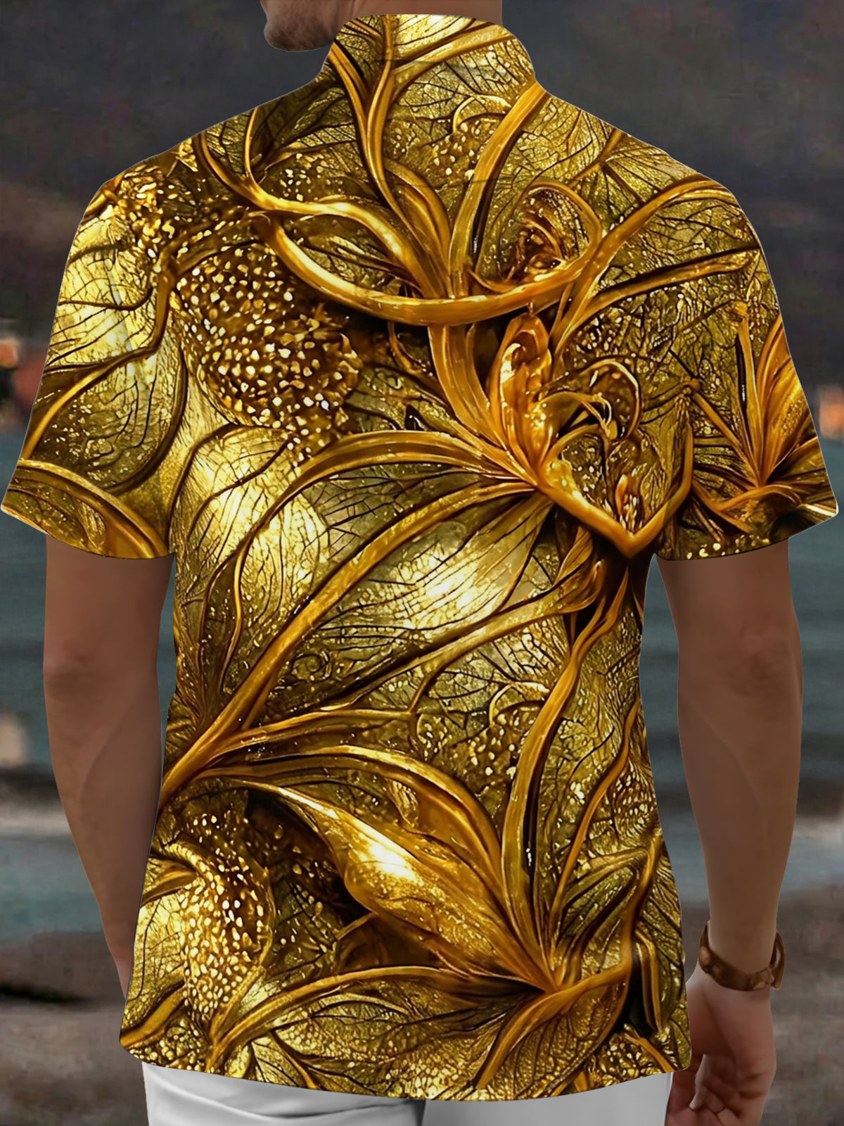 Adaychic Men's Hawaiian Gold Leaf Pattern 3D Floral Print Short Sleeve Shirt with Chest Pocket
