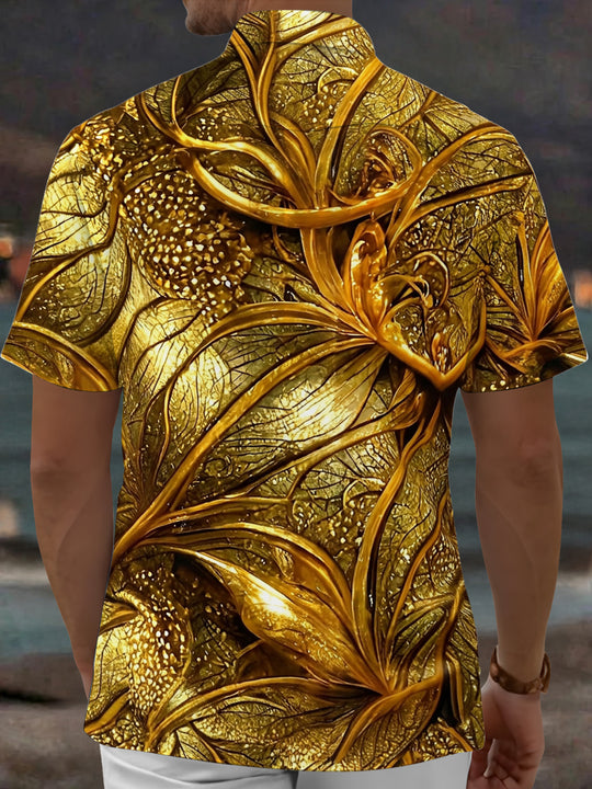 Adaychic Men's Hawaiian Gold Leaf Pattern 3D Floral Print Short Sleeve Shirt with Chest Pocket