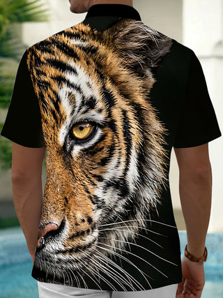 Adaychic Men's Hawaiian Tiger Face Print Short Sleeve Shirt with Chest Pocket